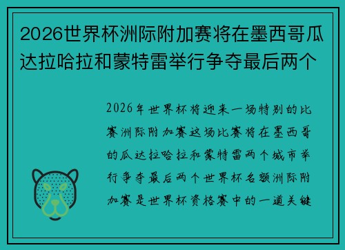 2026世界杯洲际附加赛将在墨西哥瓜达拉哈拉和蒙特雷举行争夺最后两个名额